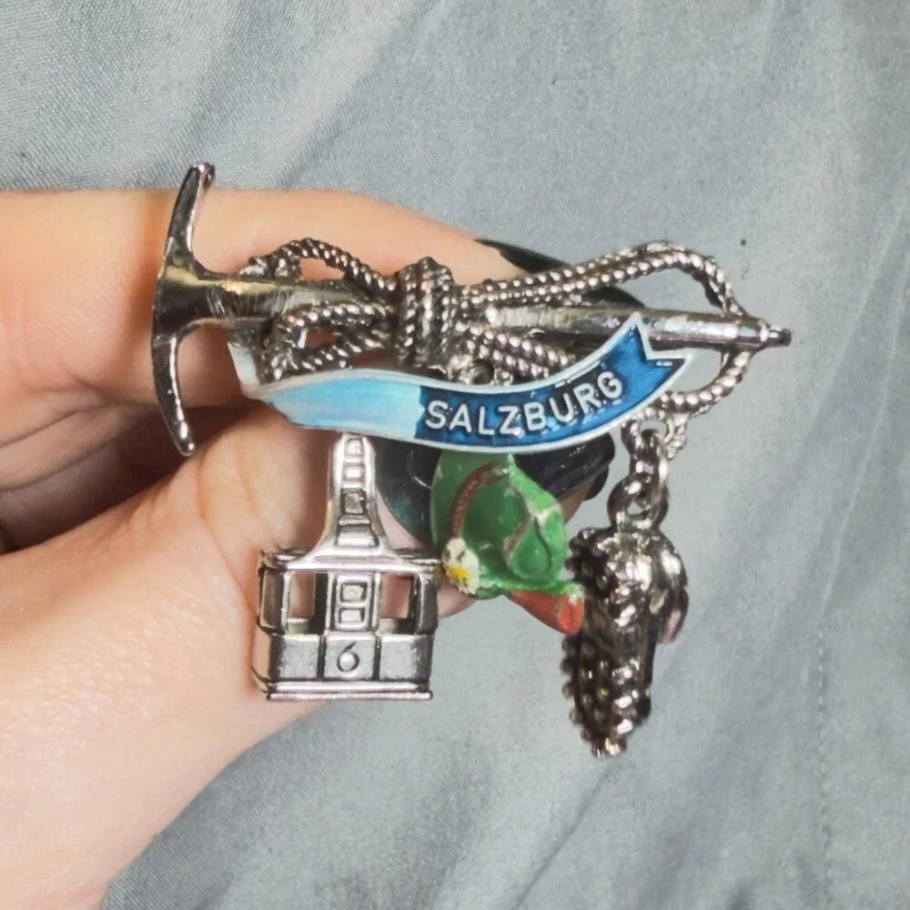 Salzburg Austria Souvenir Brooch Alpine Charm Pin Cable Car Hat Horn